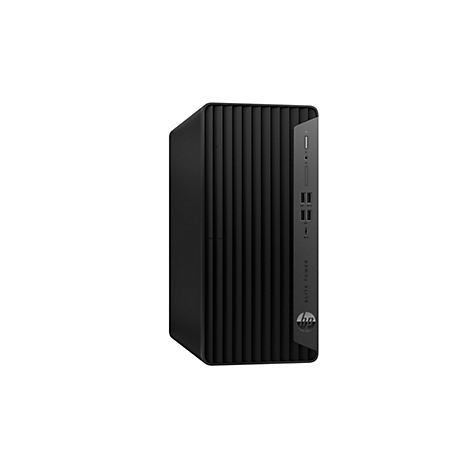 Ein schwarzer HP Elite Tower PC vor weißem Hintergrund. Der Tower hat eine vertikal gerillte Vorderseite, Anschlüsse und das HP Logo.