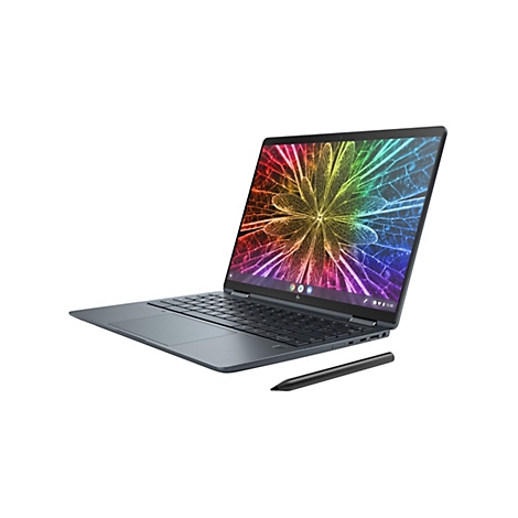 Ein grauer Laptop mit Stift auf weißem Grund. Auf dem Bildschirm ein farbenfrohes Muster.