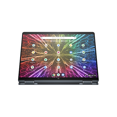 Ein graues HP Chromebook x2 11 Tablet mit geöffnetem Bildschirm vor weißem Hintergrund. Der Bildschirm zeigt ein farbenfrohes, blattförmiges Design und App-Symbole.
