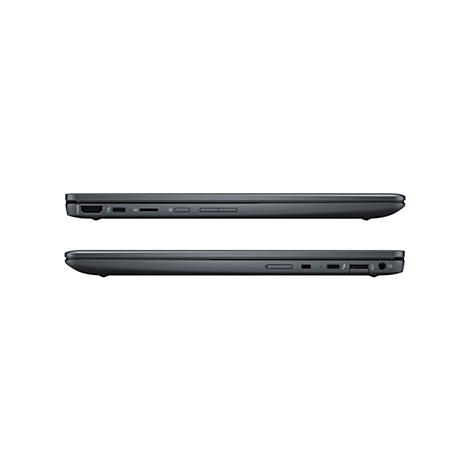 Zwei Seitenansichten eines grauen Laptops vor weißem Hintergrund. HDMI-, SD-Karten-, USB-C- und Audioanschlüsse sind sichtbar.