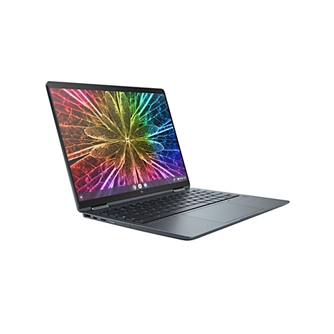 Dunkelgraues Laptop, Display mit farbenfroher Grafik. Bildschirm zeigt Uhrzeit und Google-Symbole.