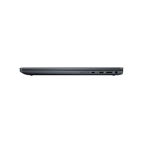 Dunkelgraues Laptop-Profil mit Anschlüssen, wie USB-C, Audioanschluss, sowie SD-Karten- und Ladeanschluss.