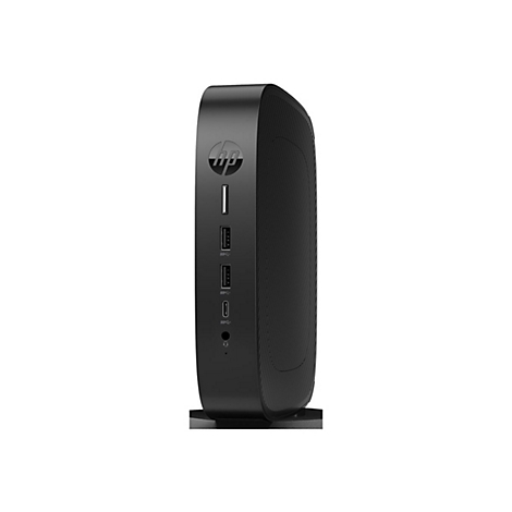Schwarzer PC von HP, Seitenansicht. Das HP-Logo ist oben, daneben AnschlÃ¼sse fÃ¼r USB und Audio.
