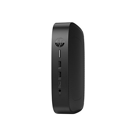 Schwarzer HP Mini-PC im Profil, mit USB-AnschlÃ¼ssen und HP-Logo.
