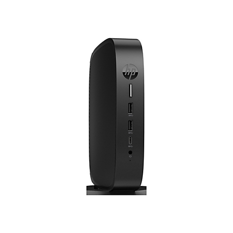 Schwarzer, aufrecht stehender PC. Auf der Vorderseite HP-Logo, USB-Anschlüsse und Kopfhöreranschluss. Geriffelte Seiten.