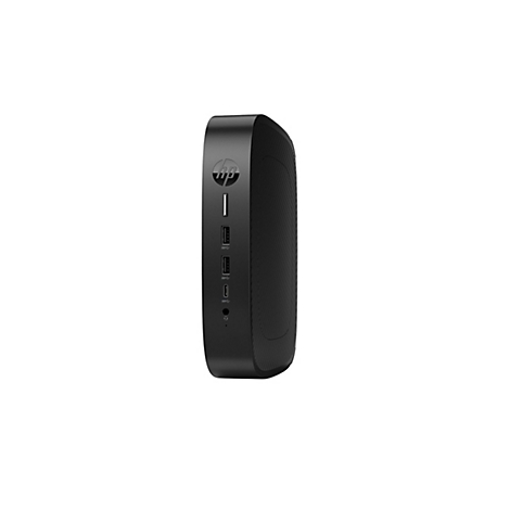 Schwarzer HP Mini-PC, Seitenansicht. Oben das HP-Logo, darunter Anschlüsse.