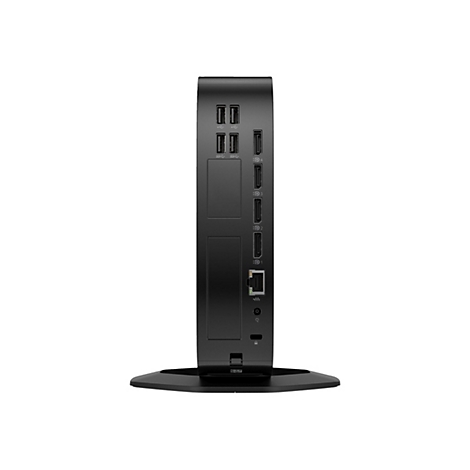 Schwarze Dockingstation mit mehreren Anschlüssen. Die Dockingstation ist senkrecht auf einem schwarzen Sockel platziert. Anschlüsse für USB, HDMI, Ethernet.