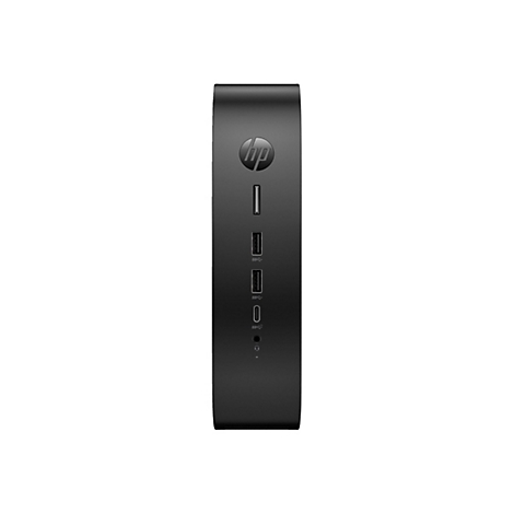 Schwarzer HP Mini-Desktop-Computer, vorne, mit HP-Logo, USB- und Audioanschlüssen.