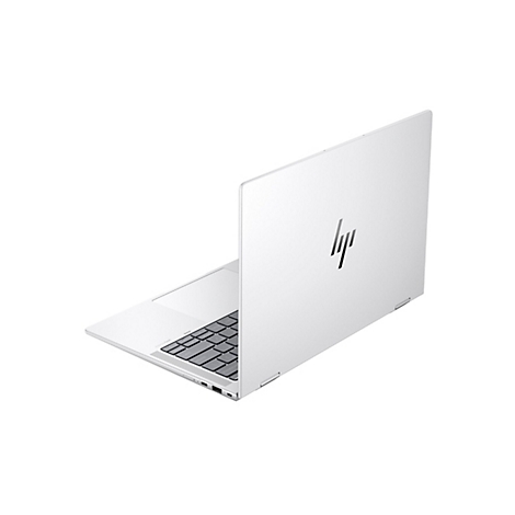 Weißes Laptop mit HP-Logo, teilweise geöffnet. Tastatur, Anschlüsse sind erkennbar.