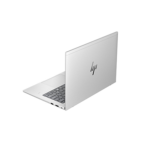 Silberner Laptop, leicht angewinkelt. Auf der Oberseite das HP-Logo, die Tastatur ist zu sehen.