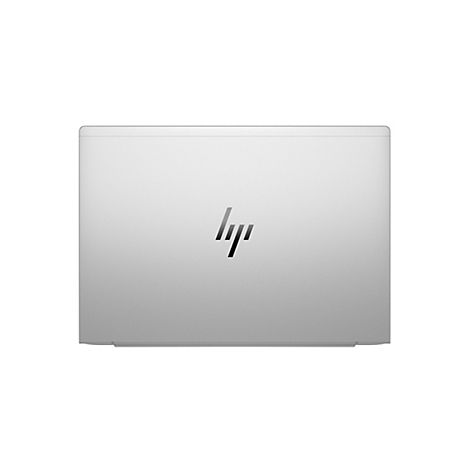 Silberner Laptop-Deckel mit HP-Logo.