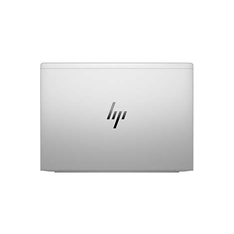 Silberner Laptop-Deckel mit HP-Logo. Das Logo besteht aus drei diagonalen Strichen.