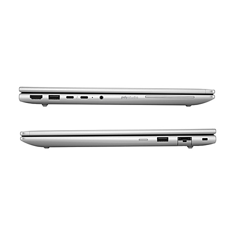 Zwei silberfarbene Laptops in Seitenansicht. Der obere hat Anschlüsse für HDMI, USB und Thunderbolt. Der untere hat USB und Netzanschluss.