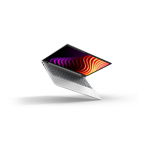 Silbernes HP EliteBook Laptop schwebt im Raum, Bildschirm zeigt abstraktes, buntes Wellenmuster auf schwarzem Grund.