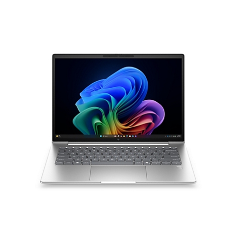 Silberner HP EliteBook Laptop von vorne mit Windows 11 Desktop-Hintergrund auf weißem Hintergrund.
