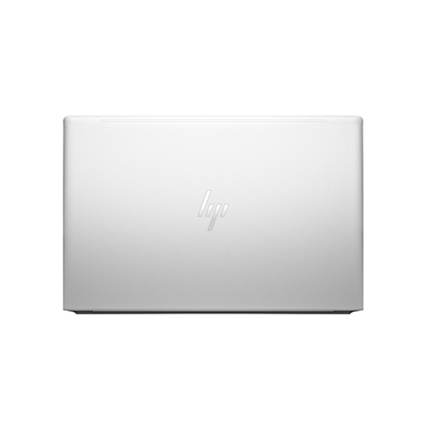Hellgraues Laptop mit HP-Logo auf dem Deckel.
