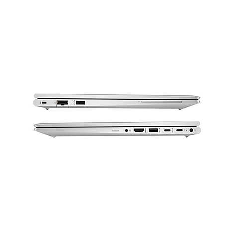 Zwei silberne Laptops, Ansichten von der Seite, vor weißem Hintergrund. Der obere zeigt Anschlüsse: Sicherheitsschlitz, USB, Ethernet, USB. Der untere zeigt Klinkenanschluss, HDMI, USB, Netzanschluss.