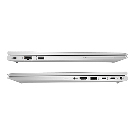 Zwei silberne Laptops im Profil, mit sichtbaren AnschlÃ¼ssen. Obere Seite: Netzwerkanschluss, USB. Untere Seite: Audio, HDMI, USB, Thunderbolt.