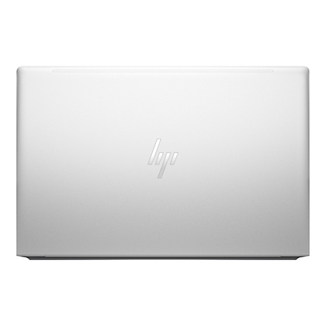Das silberne GehÃ¤use eines Laptops von oben, mit dem HP-Logo in der Mitte.