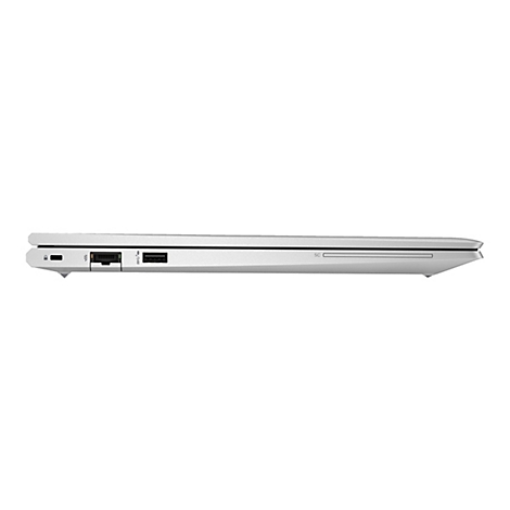 Graues Laptop-Profil. AnschlÃ¼sse: USB, Netzwerk, Audio. Schlankes Design, silberne Farbe.