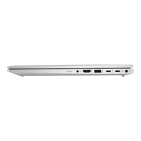 Silberner Laptop, Seitenansicht. AnschlÃ¼sse fÃ¼r KopfhÃ¶rer, HDMI, USB-A und USB-C sind sichtbar.