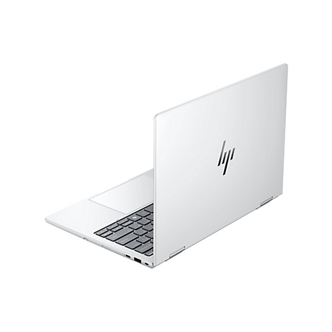 Weißes Laptop mit HP-Logo, teilweise geöffnet. Tastatur, Touchpad und Bildschirm gut sichtbar.