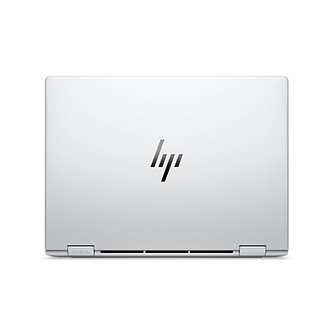 Geschlossener, silberner HP EliteBook Laptop mit mittigem HP-Logo vor weißem Hintergrund.