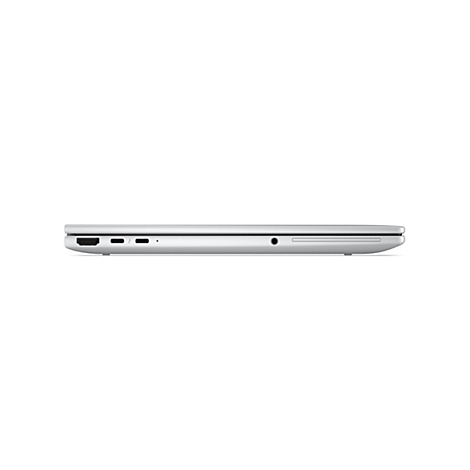 Seitenansicht eines silbernen Laptops mit Anschlüssen wie HDMI, USB-C und Kopfhörerbuchse.