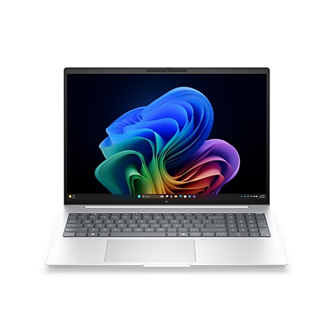 Silbernes HP EliteBook Laptop von vorne mit Windows 11 Wallpaper auf dem Display.