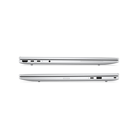 Seitenansichten eines silbernen Laptops mit diversen Anschlüssen, freigestellt vor weißem Hintergrund.
