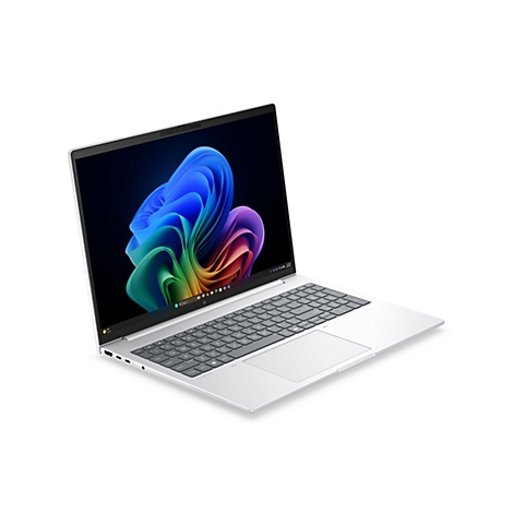 Silbernes HP EliteBook Laptop leicht schräg dargestellt auf weißem Hintergrund mit leuchtendem Windows 11 Wallpaper.