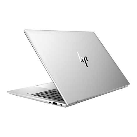 Silberner Laptop, leicht geöffnet. Auf dem Deckel ist das HP-Logo zu sehen.