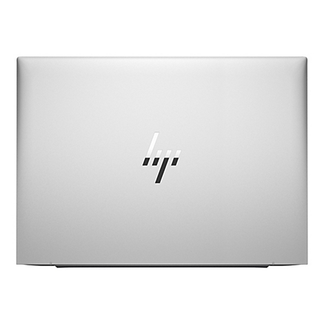 Draufsicht auf einen Laptop mit dem HP Logo auf der Oberseite, die Oberfläche ist silbergrau.