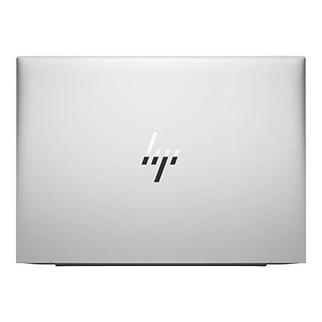 Silberner Laptopdeckel mit HP-Logo. Auf einer glatten Oberfläche ist das Logo prominent platziert.