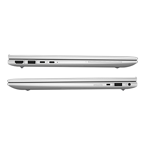 Zwei Seitenansichten eines silberfarbenen Laptops, die die Anschlüsse zeigen. Unten: USB, Kopfhöreranschluss. Oben: HDMI, USB-C und weitere.