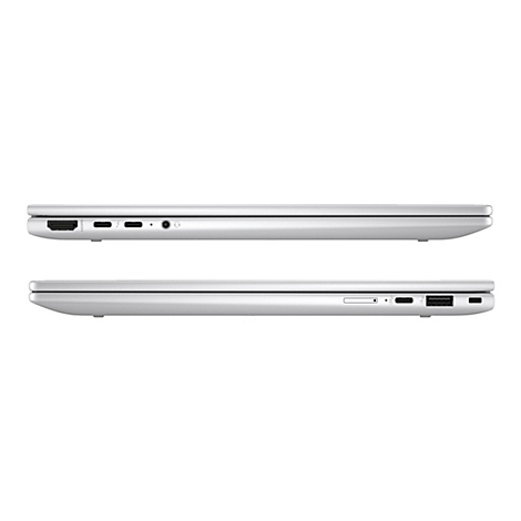 Zwei silberne Laptops im Profil, einer oben, einer unten. Beide mit AnschlÃ¼ssen, darunter HDMI, USB-C, und KopfhÃ¶reranschluss.