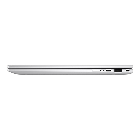 Seitenansicht eines silbernen Laptops. Deutlich sichtbar sind AnschlÃ¼sse und Kartenleser.