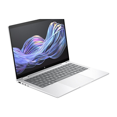 Silberner Laptop, geÃ¶ffnet. Auf dem Bildschirm sind blaue, geschwungene Formen zu sehen. Das HP-Logo ist sichtbar.