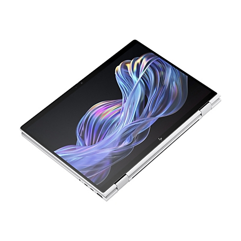 Ein silbernes Laptop-Tablet auf weißem Hintergrund. Auf dem Bildschirm ein abstraktes, farbenfrohes Muster. Die Tablet-Ecken sind abgerundet.
