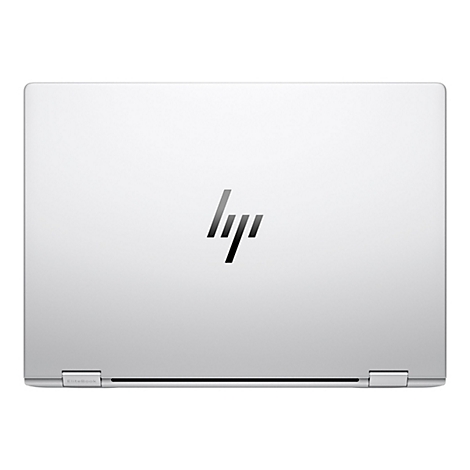 Silberner Laptop, dessen Deckel mit dem schwarzen HP Logo geschlossen ist.