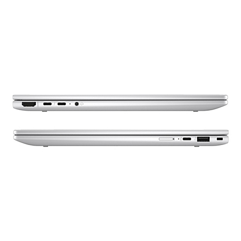 Zwei Laptops in Seitenansicht. Oben: HDMI, USB-C, Kopfhöreranschluss. Unten: SD-Kartenleser, USB-C, USB-A.