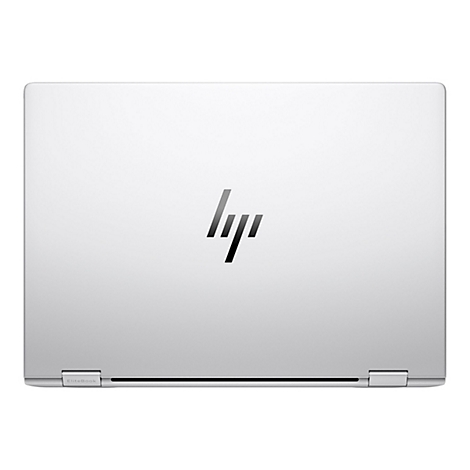 Geschlossenes, silbernes HP EliteBook Laptop, mit HP-Logo. Die Schrift "EliteBook" ist am unteren Rand sichtbar.