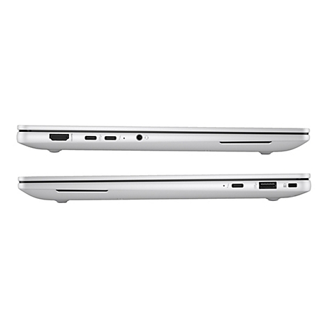 Zwei silberfarbene Laptops von der Seite, Details der AnschlÃ¼sse sichtbar.