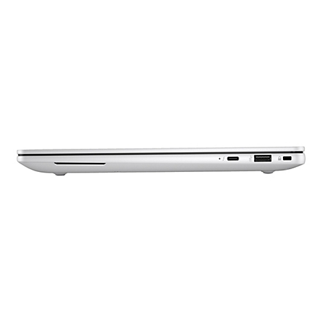 Seitenansicht eines weiÃŸen Laptops. Sichtbar sind AnschlÃ¼sse fÃ¼r USB und Ladekabel.