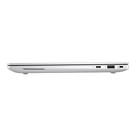 Seitenansicht eines silbernen Laptops. Es sind Anschlüsse für USB, Thunderbolt und ein Sicherheitsschloss erkennbar.