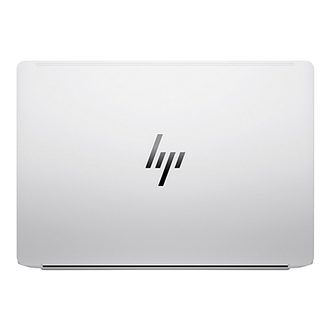 Geschlossenes silbernes HP-Laptop mit HP-Logo.