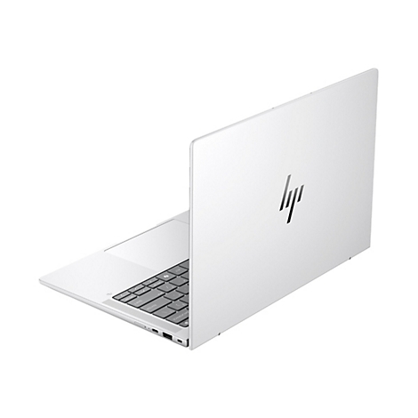Ein weißes HP Laptop, halb geöffnet, mit Tastatur im Vordergrund. Das HP-Logo befindet sich auf dem Deckel.