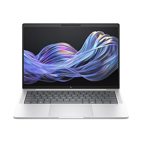 Ein silberner Laptop mit geöffnetem Bildschirm, der ein abstraktes, wellenförmiges Muster in Lila und Blau zeigt. Die Tastatur ist im Vordergrund sichtbar, mit dem Logo "EliteBook".