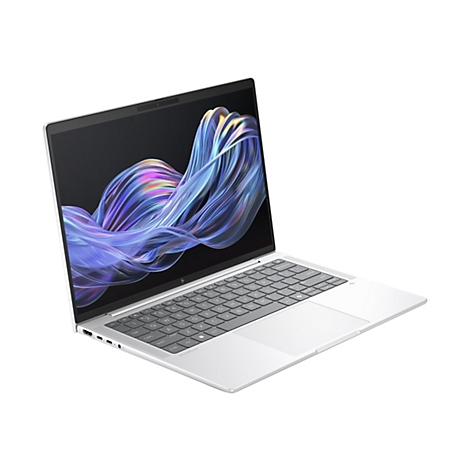 Ein HP EliteBook Laptop mit offenem Deckel, weißes Gehäuse, graue Tastatur. Der Bildschirm zeigt ein blau-lilafarbenes, abstraktes Muster.