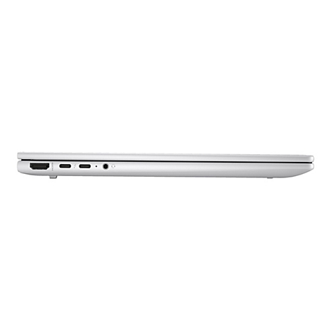 Seitenansicht eines silbernen Laptops mit Anschlüssen: HDMI, USB-C, Audio.